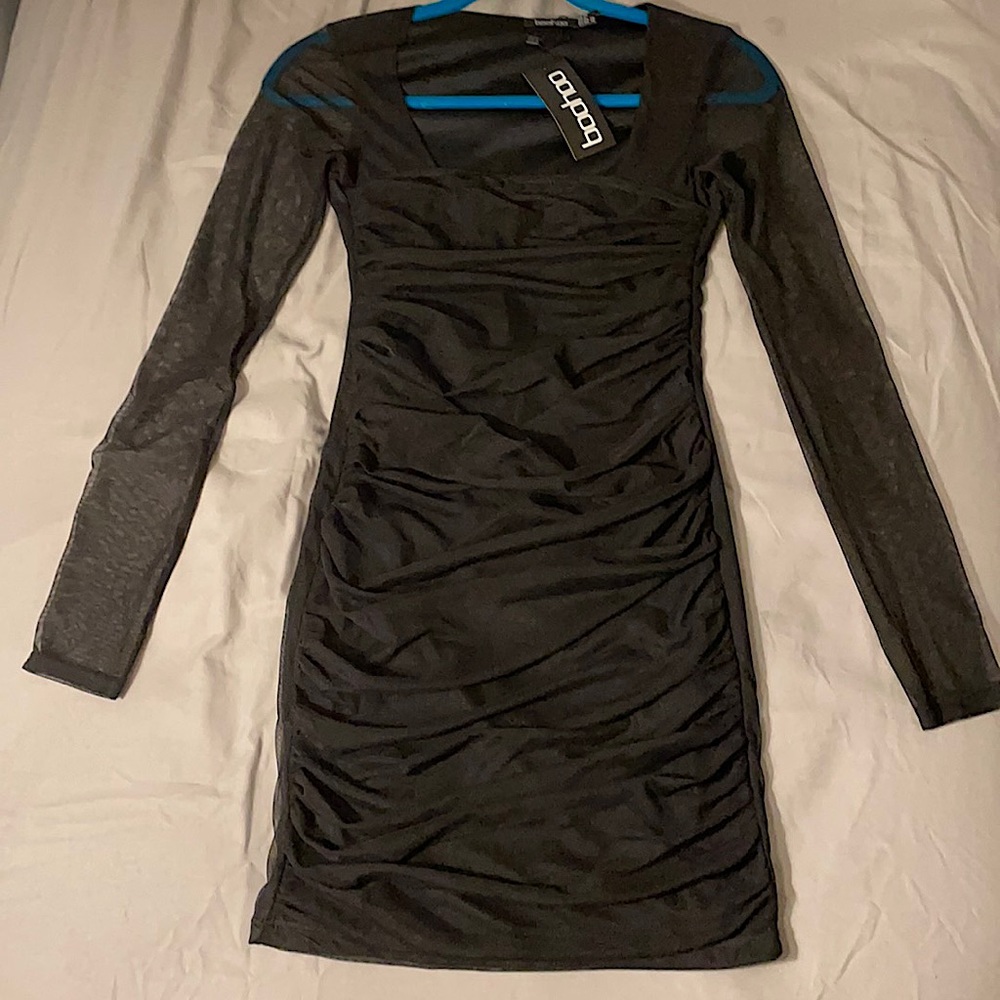 Boohoo black square neck ruched mini dress